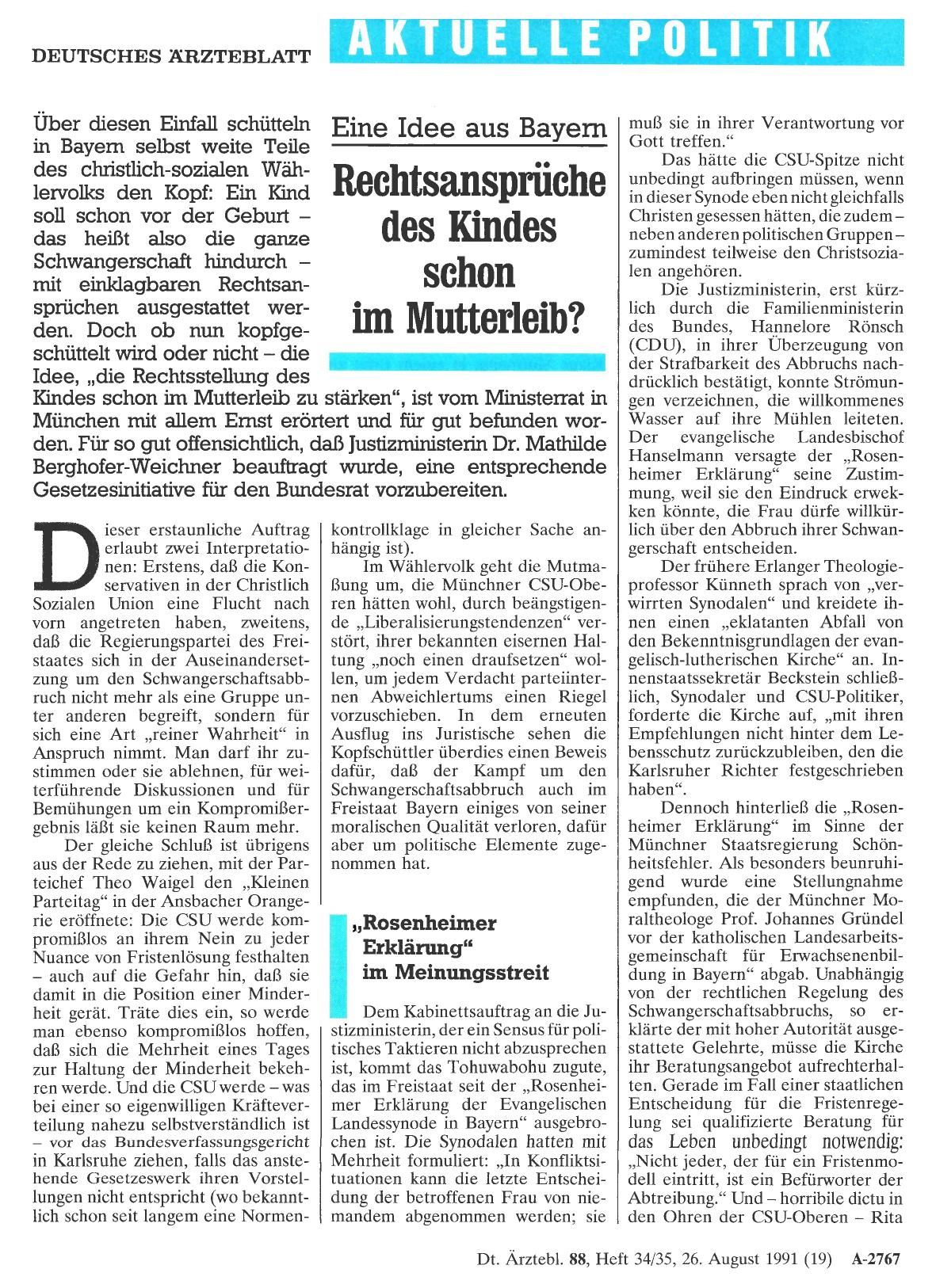 Vorschauseite 1: Eine Idee aus Bayern: Rechtsansprüche des Kindes schon im Mutterleib?