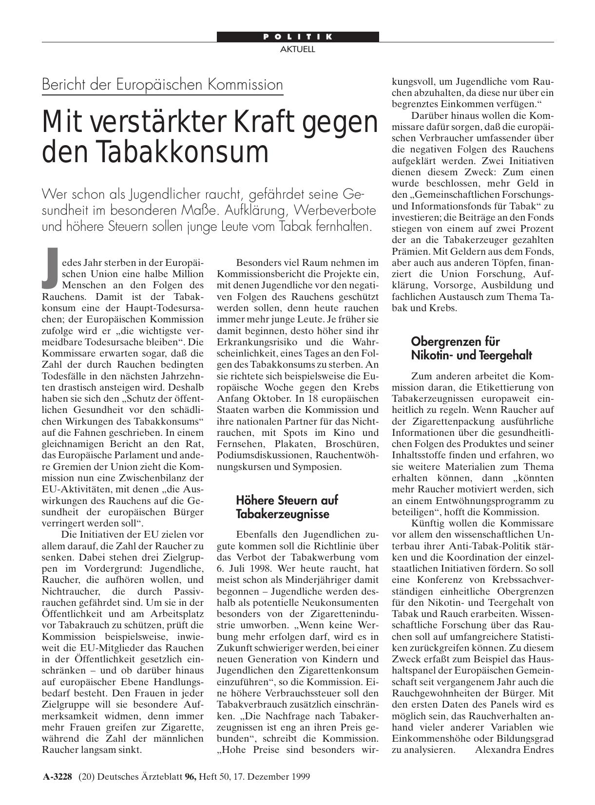 Vorschauseite 1: Bericht der Europäischen Kommission: Mit verstärkter Kraft gegen den Tabakkonsum