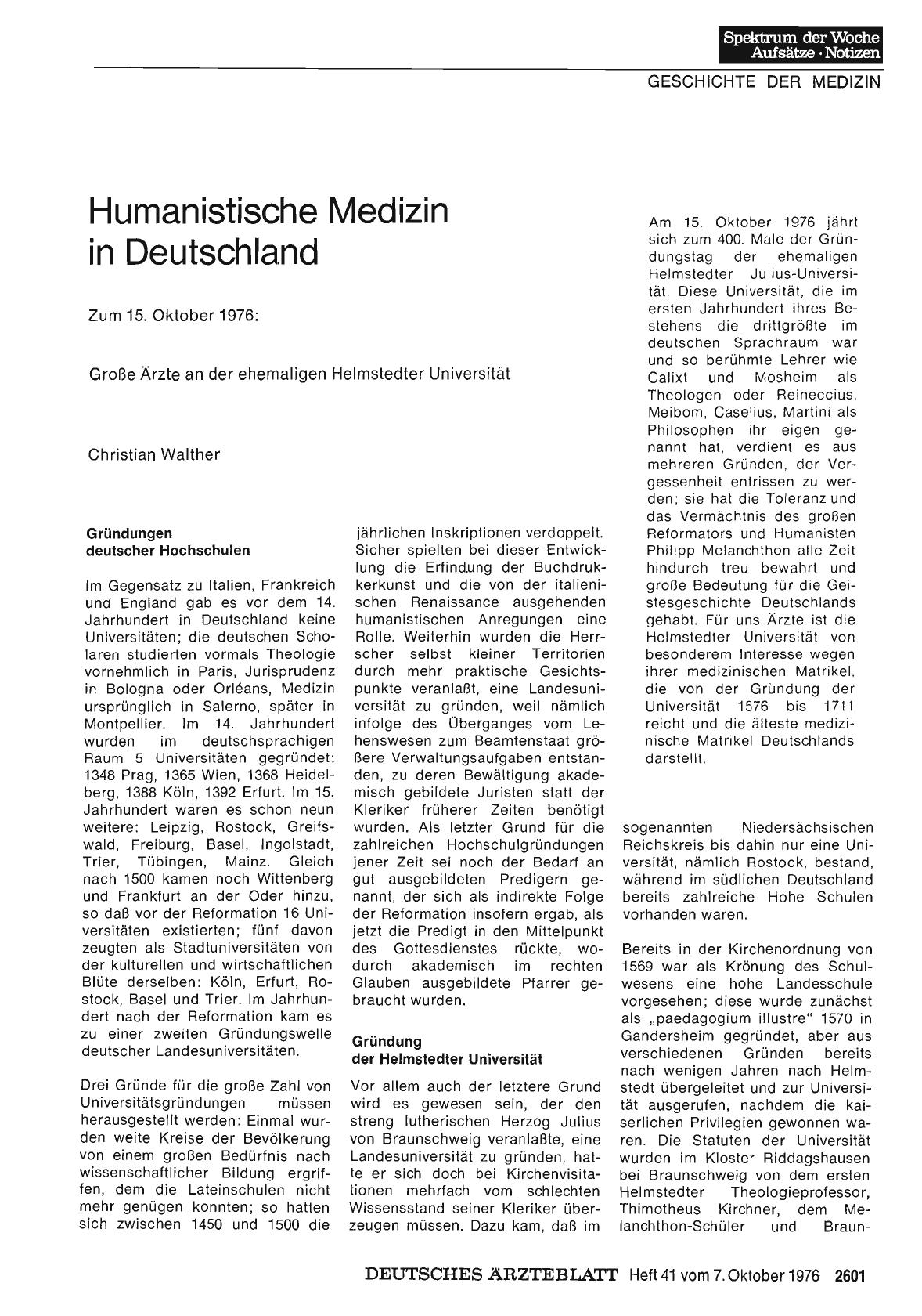 Vorschauseite 1: Humanistische Medizin in Deutschland - Zum 15. Oktober 1976: Große Ärzte an der ehemaligen Helmstedter Universität