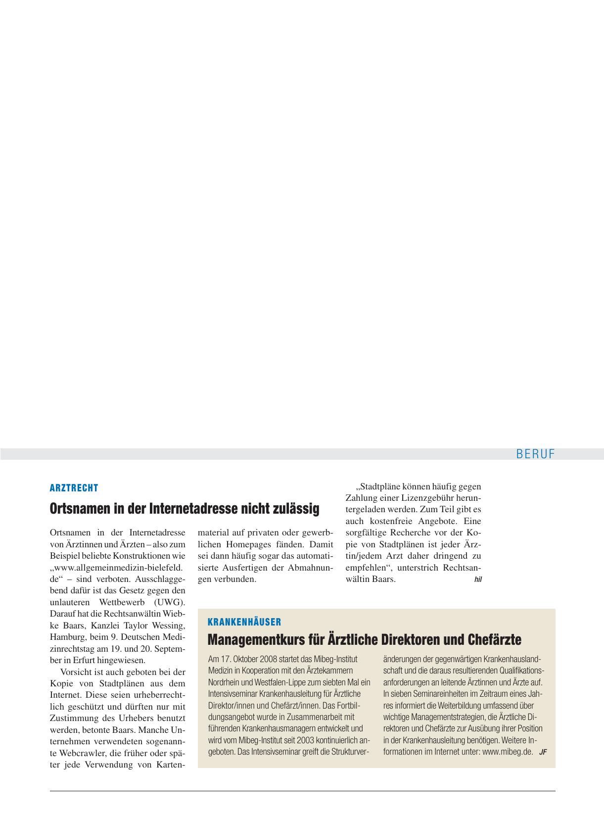 Vorschauseite 1: Arztrecht: Ortsnamen in der Internetadresse nicht zulässig