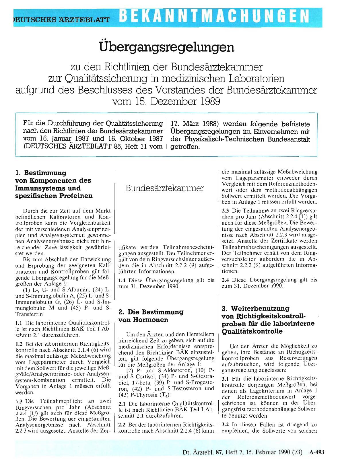 Vorschauseite 1: Übergangsregelungen zu den Richtlinien der Bundesärztekammer zur Qualitätssicherung in medizinischen Laboratorien aufgrund des Beschlusses des Vorstandes der Bundesärztekammer vom…