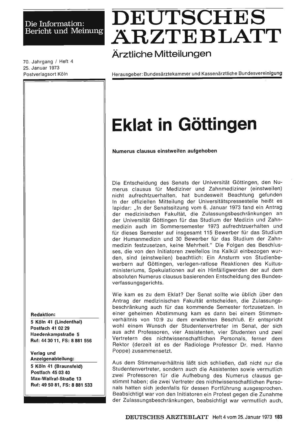 Vorschauseite 1: Eklat in Göttingen. Numerus clausus einstweilen aufgehoben