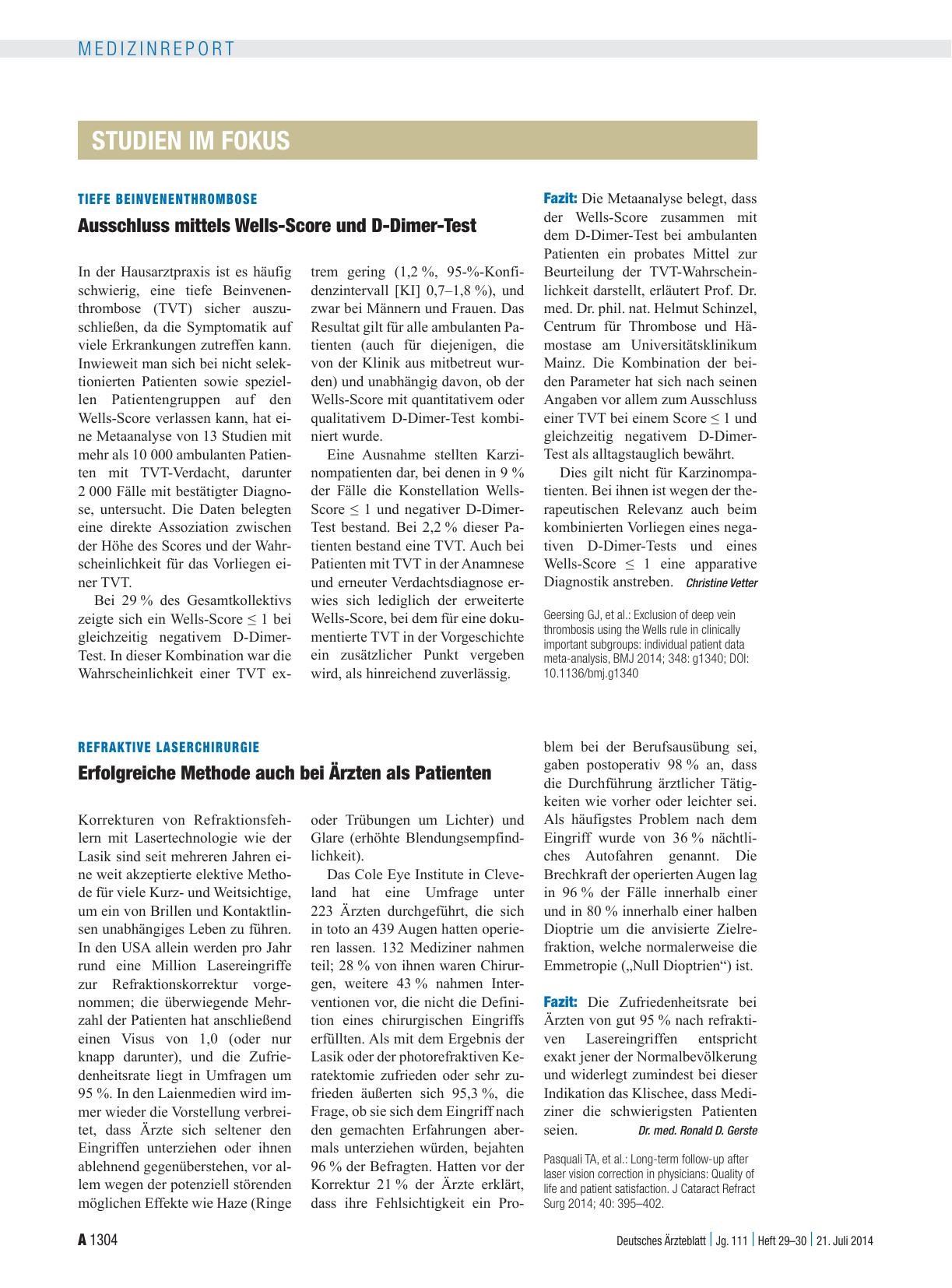Vorschauseite 1: Tiefe Beinvenenthrombose: Ausschluss mittels Wells-Score und D-Dimer-Test