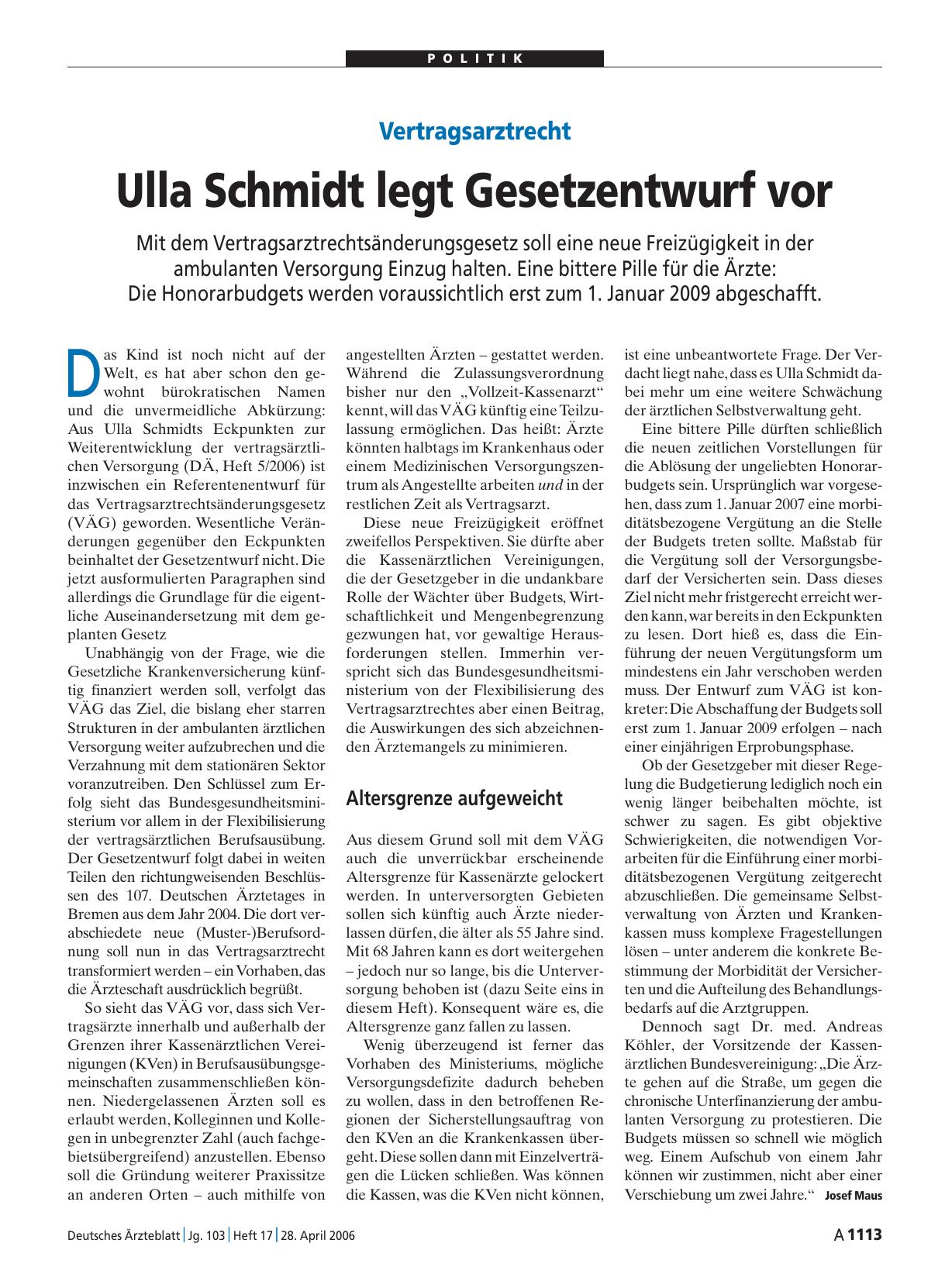 Vorschauseite 1: Vertragsarztrecht: Ulla Schmidt legt Gesetzentwurf vor