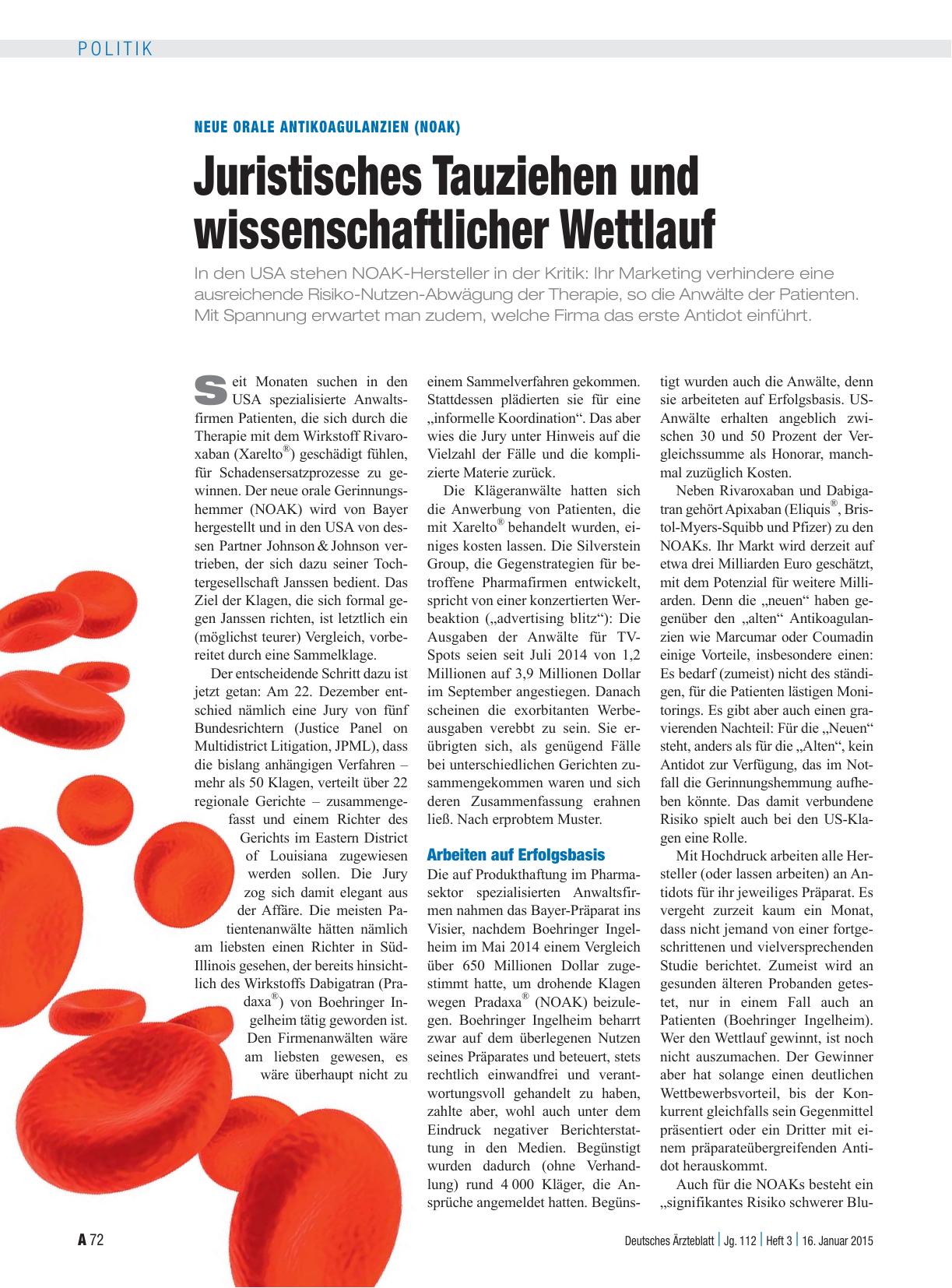 Vorschauseite 1: Neue orale Antikoagulanzien (NOAK): Juristisches Tauziehen und wissenschaftlicher Wettlauf