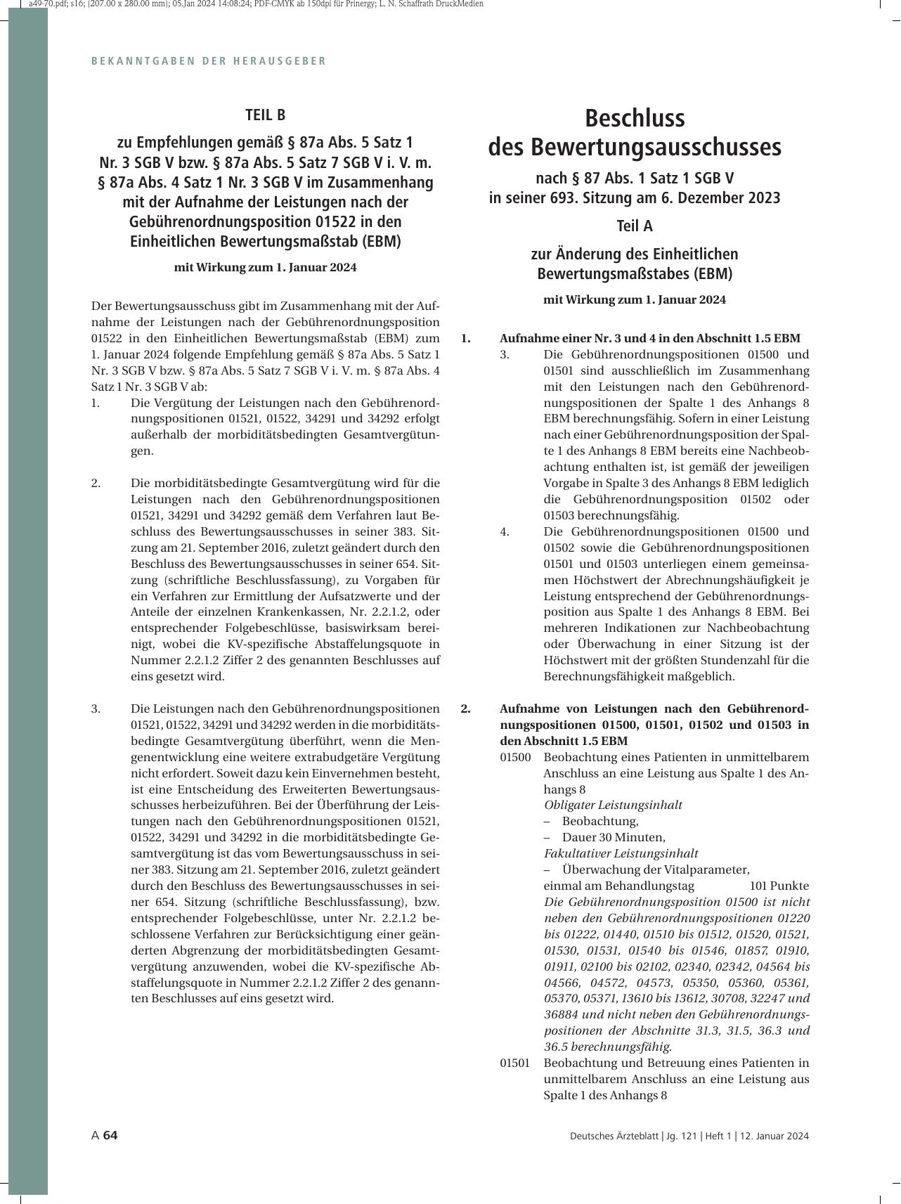 Vorschauseite 1: Beschluss des Bewertungsausschusses nach § 87 Abs. 1 Satz 1 SGB V in seiner 693. Sitzung am 6. Dezember 2023 Teil A zur Änderung des Einheitlichen Bewertungsmaßstabes (EBM) mit Wi…