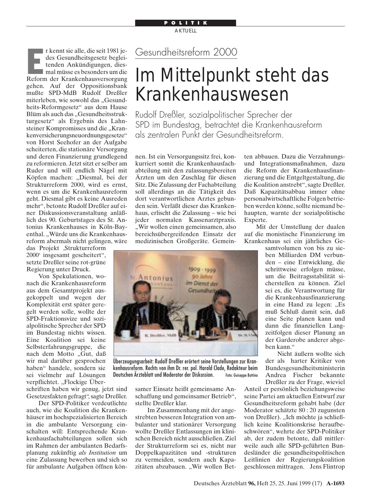 Vorschauseite 1: Gesundheitsreform 2000: Im Mittelpunkt steht das Krankenhauswesen