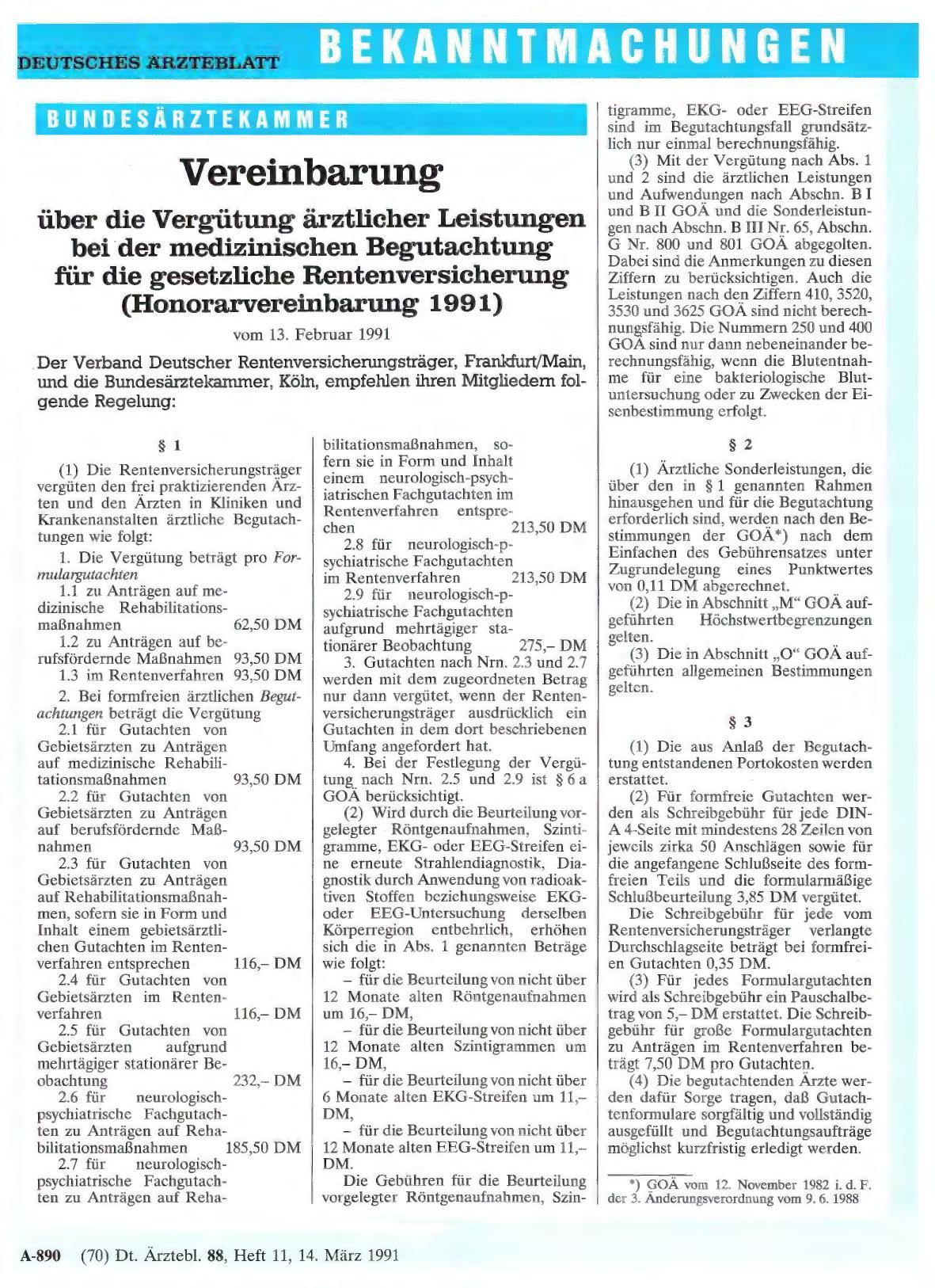 Vorschauseite 1: Vereinbarung über die Vergütung ärztlicher Leistungen bei der medizinischen Begutachtung für die gesetzliche Rentenversicherung (Honorarvereinbarung 199