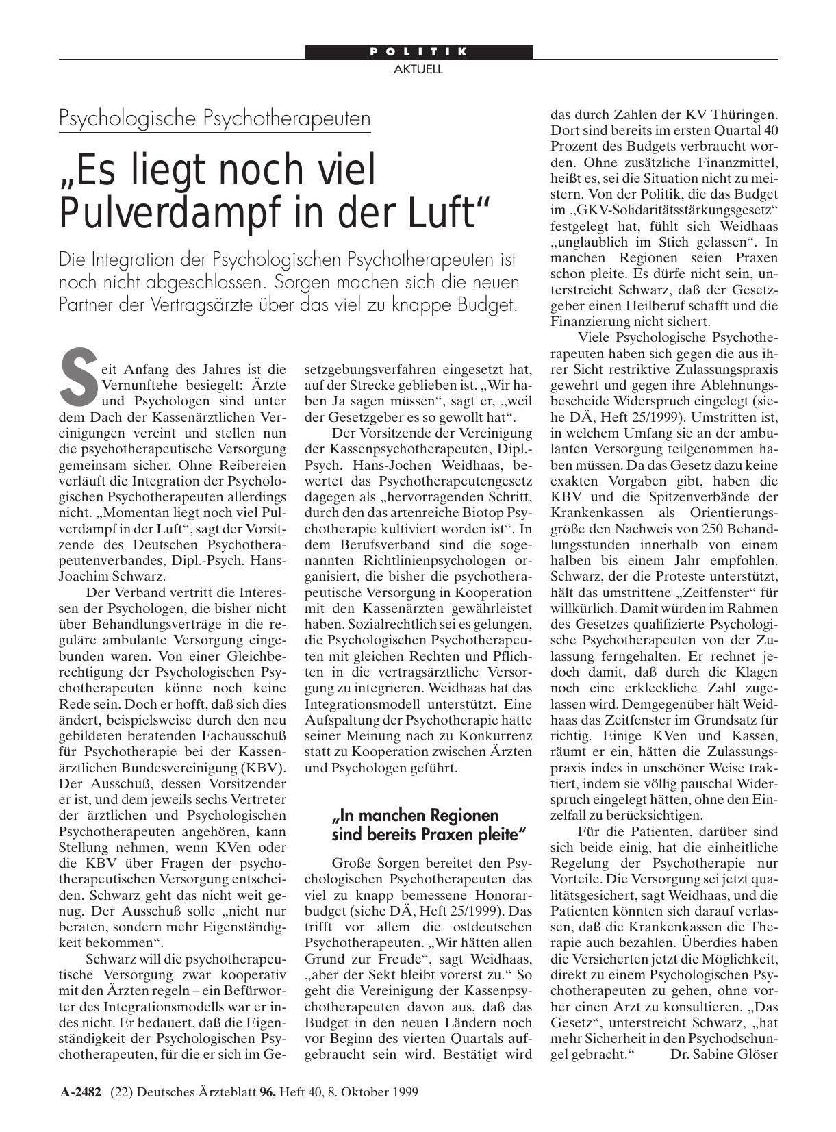 Vorschauseite 1: Psychologische Psychotherapeuten: „Es liegt noch viel Pulverdampf in der Luft“