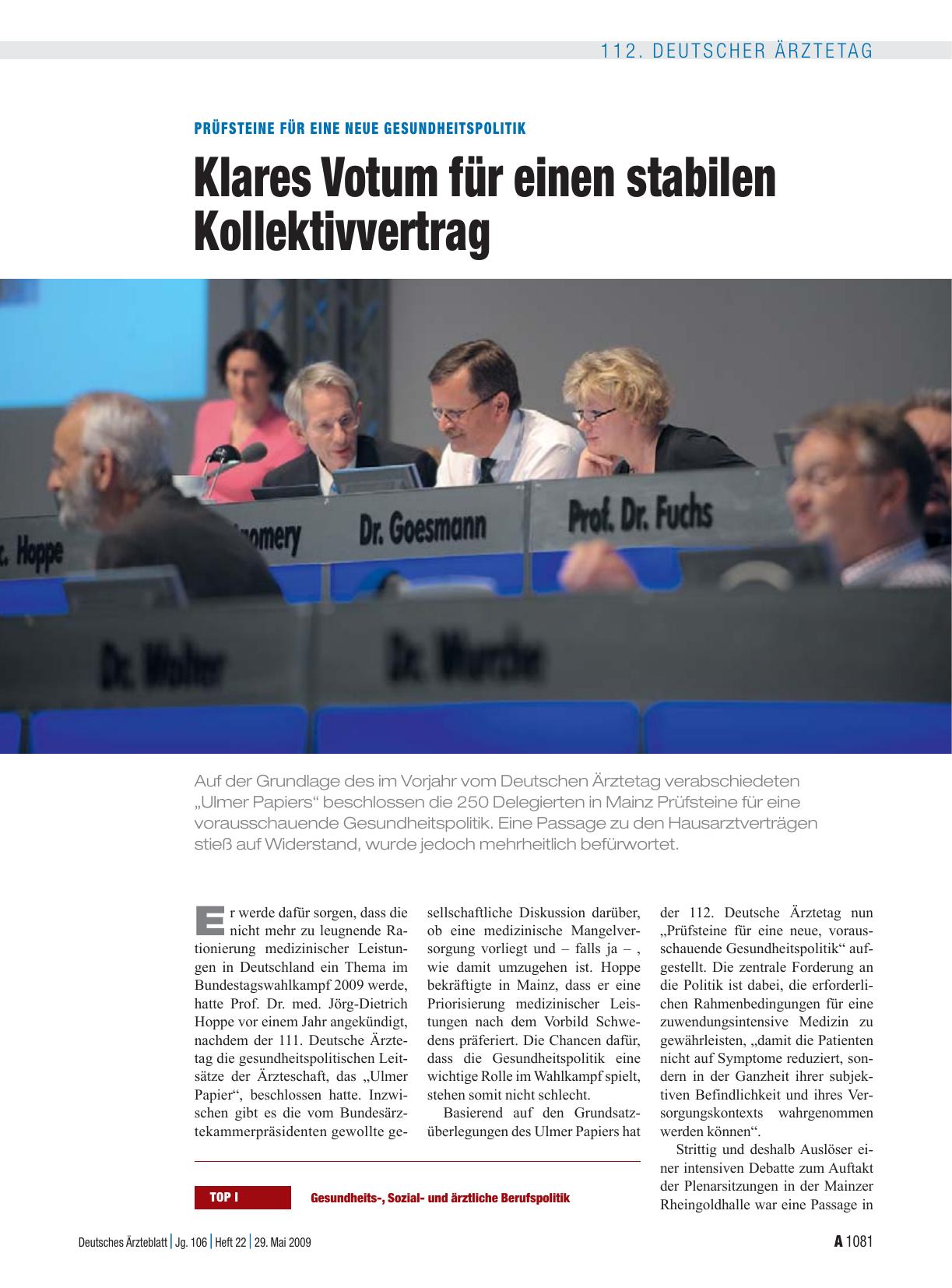 Vorschauseite 1: Prüfsteine für eine neue Gesundheitspolitik: Klares Votum für einen stabilen Kollektivvertrag