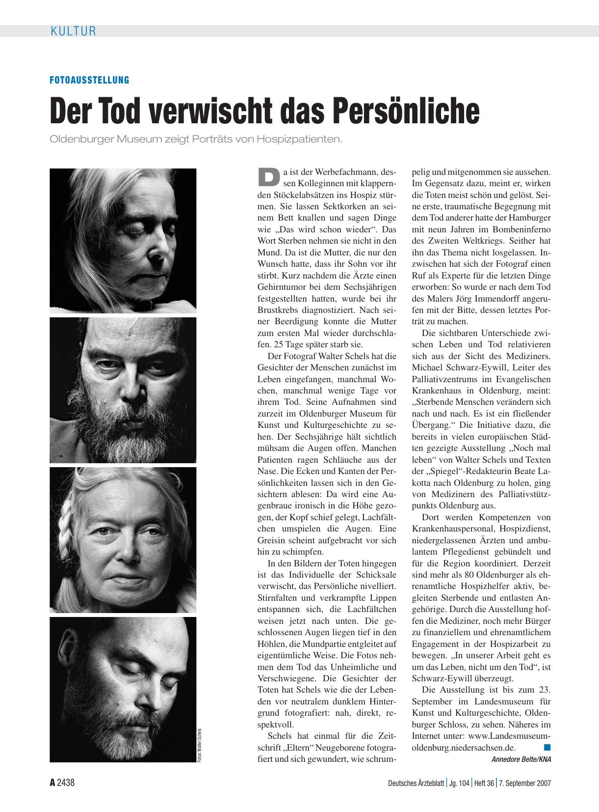 Vorschauseite 1: FotoAusstellung: Der Tod verwischt das Persönliche