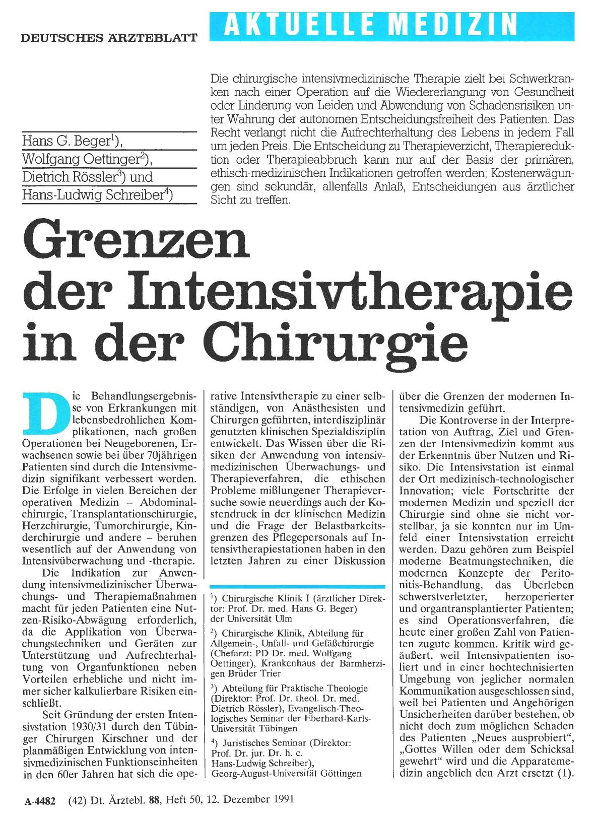 Vorschauseite 1: Grenzen der Intensivtherapie in der Chirurgie