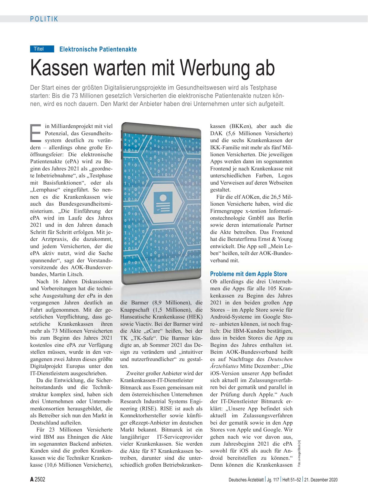 Vorschauseite 1: Elektronische Patientenakte: Kassen warten mit Werbung ab