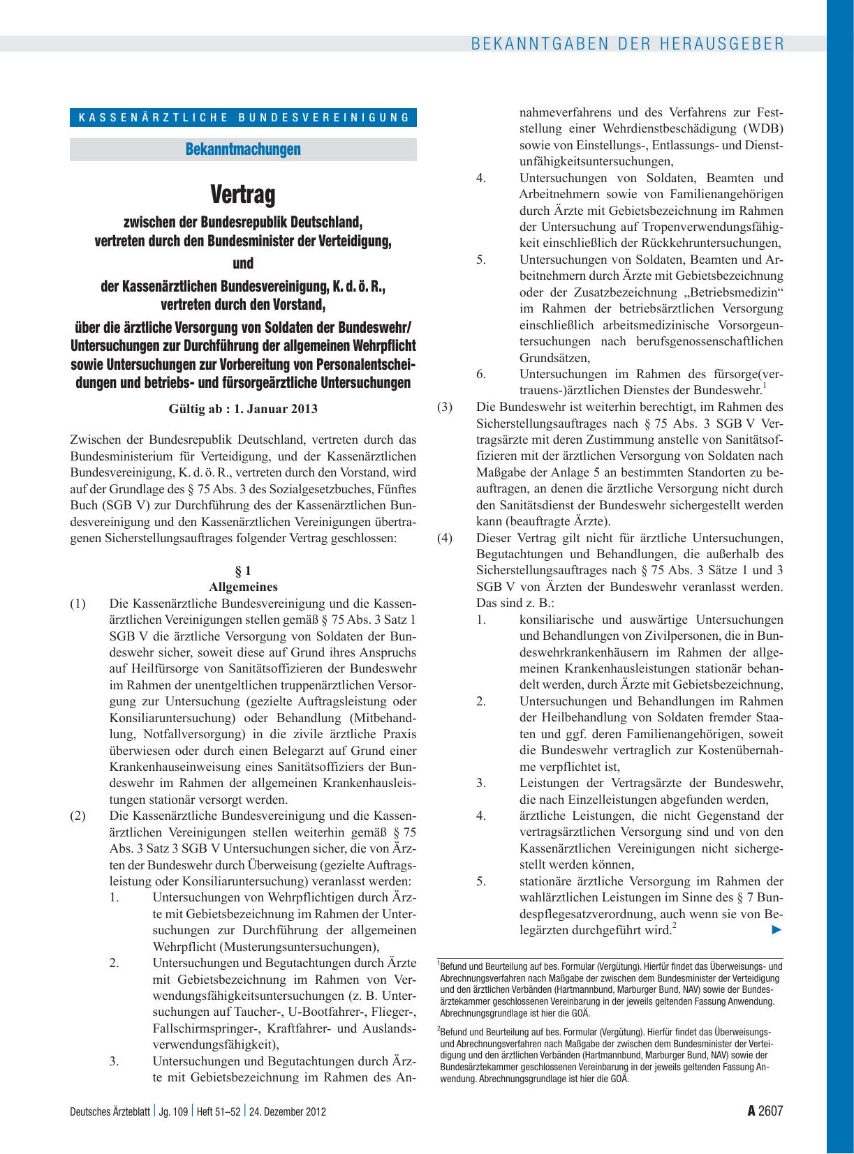 Vorschauseite 1: Vertrag zwischen der Bundesrepublik Deutschland, vertreten durch den Bundesminister der Verteidigung, und der Kassenärztlichen Bundesvereinigung, K. d. ö. R. , vertreten durch den…