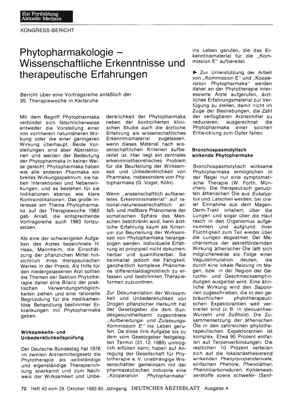 Vorschauseite 1: Phytopharmakologie - Wissenschaftliche Erkenntnisse und therapeutische Erfahrungen: Bericht über eine Vortragsreihe anläßlich der 35. Therapiewoche in Karlsruhe