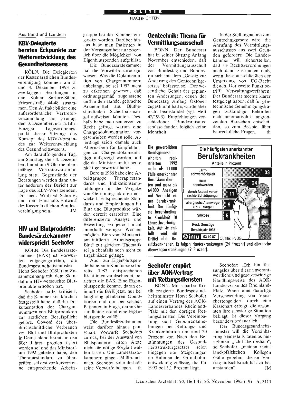 Vorschauseite 1: HIV und Blutprodukte: Bundesärztekammer widerspricht Seehofer