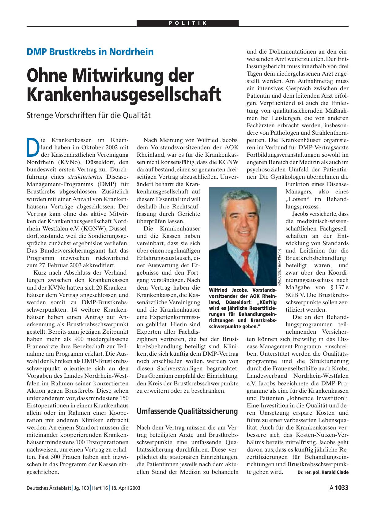 Vorschauseite 1: DMP Brustkrebs in Nordrhein: Ohne Mitwirkung der Krankenhausgesellschaft