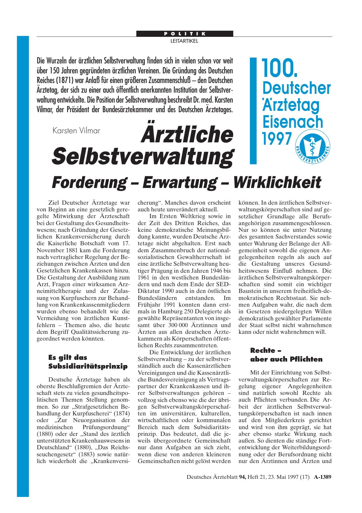 Vorschauseite 1: 100. Deutscher Ärztetag Einsenach 1997: Ärztliche Selbstverwaltung Forderung - Erwartung - Wirklichkeit