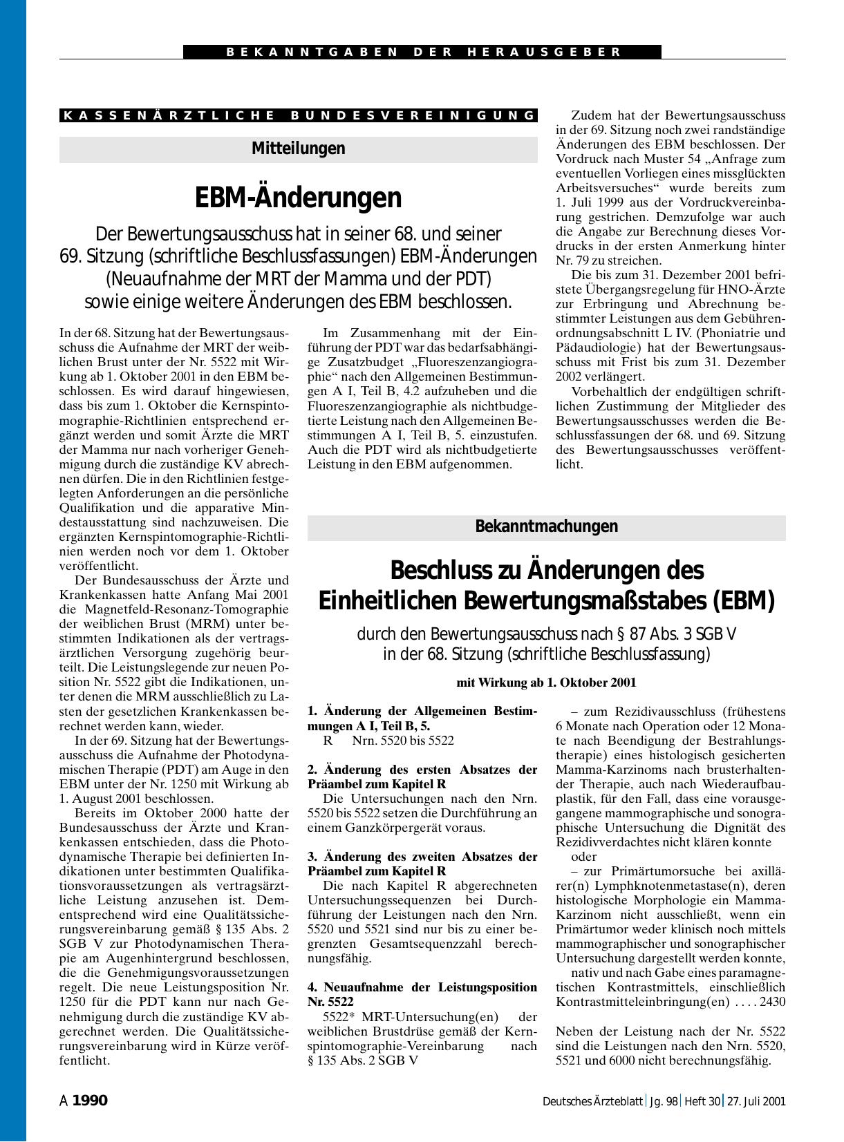 Vorschauseite 1: Bekanntmachungen: Beschluss zu Änderungen des Einheitlichen Bewertungsmaßstabes (EBM)