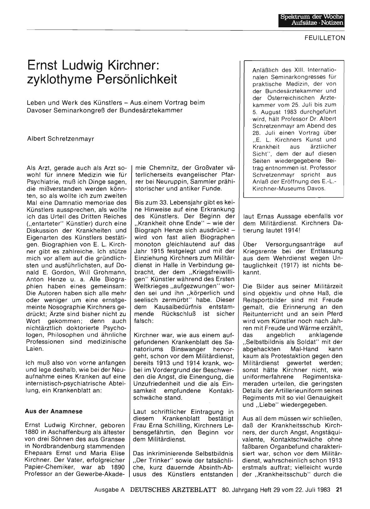 Vorschauseite 1: Ernst Ludwig Kirchner: zyklothyme Persönlichkeit: Leben und Werk des Künstlers — Aus. .einem Vortrag beim Davoser Seminarkongreß der Bundesärztekammer