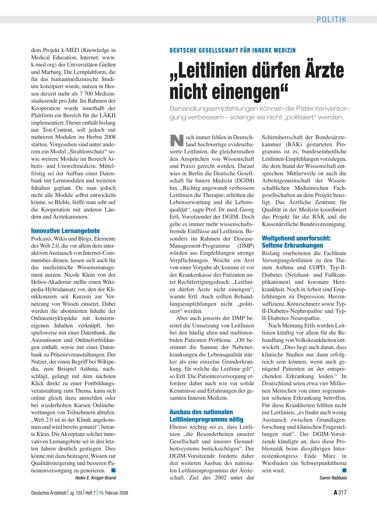 Vorschauseite 1: Deutsche Gesellschaft für innere Medizin: „Leitlinien dürfen Ärzte nicht einengen“