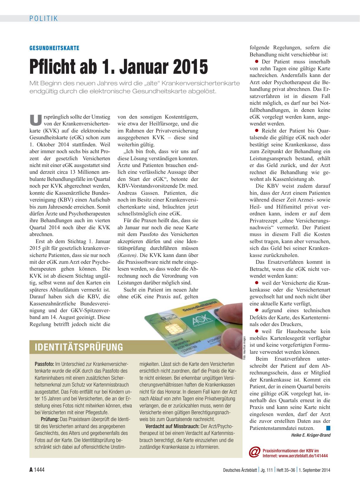 Vorschauseite 1: Gesundheitskarte: Pflicht ab 1. Januar 2015