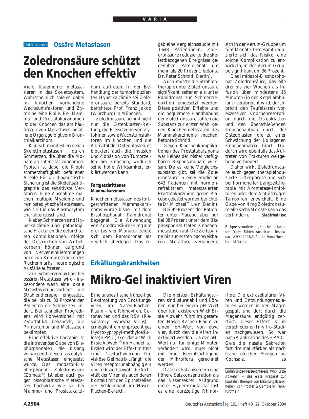 Vorschauseite 1: Ossäre Metastasen: Zoledronsäure schützt den Knochen effektiv