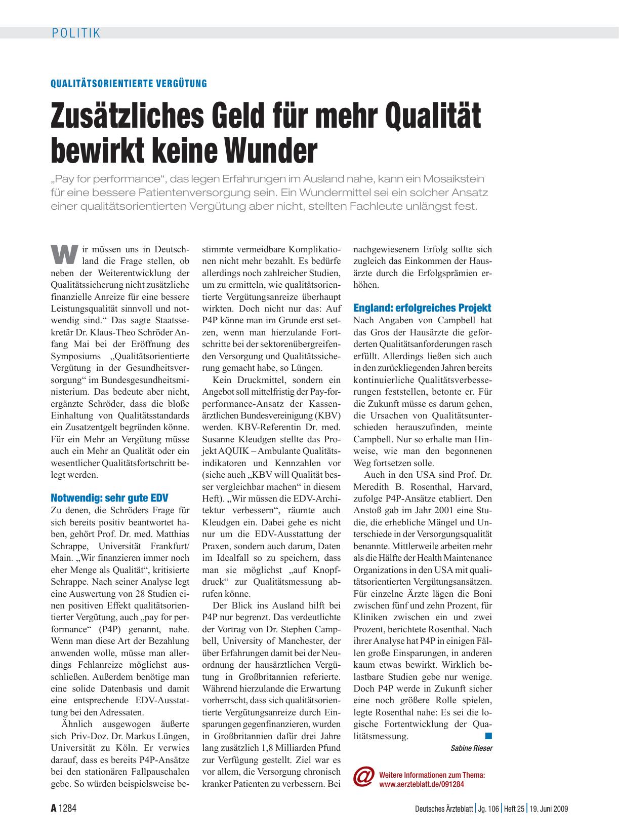 Vorschauseite 1: Qualitätsorientierte Vergütung: Zusätzliches Geld für mehr Qualität bewirkt keine Wunder