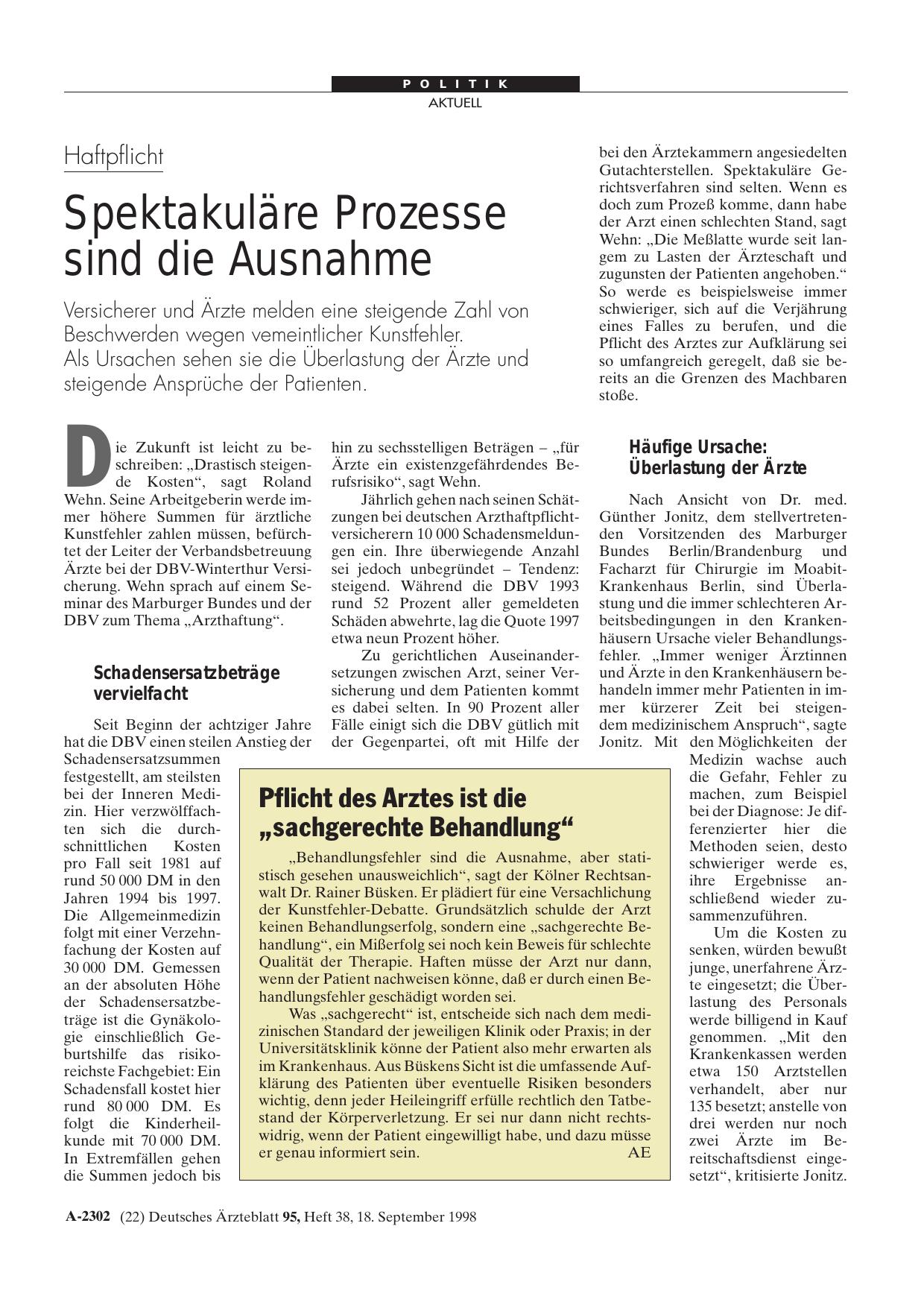Vorschauseite 1: Pflicht des Arztes ist die „sachgerechte Behandlung