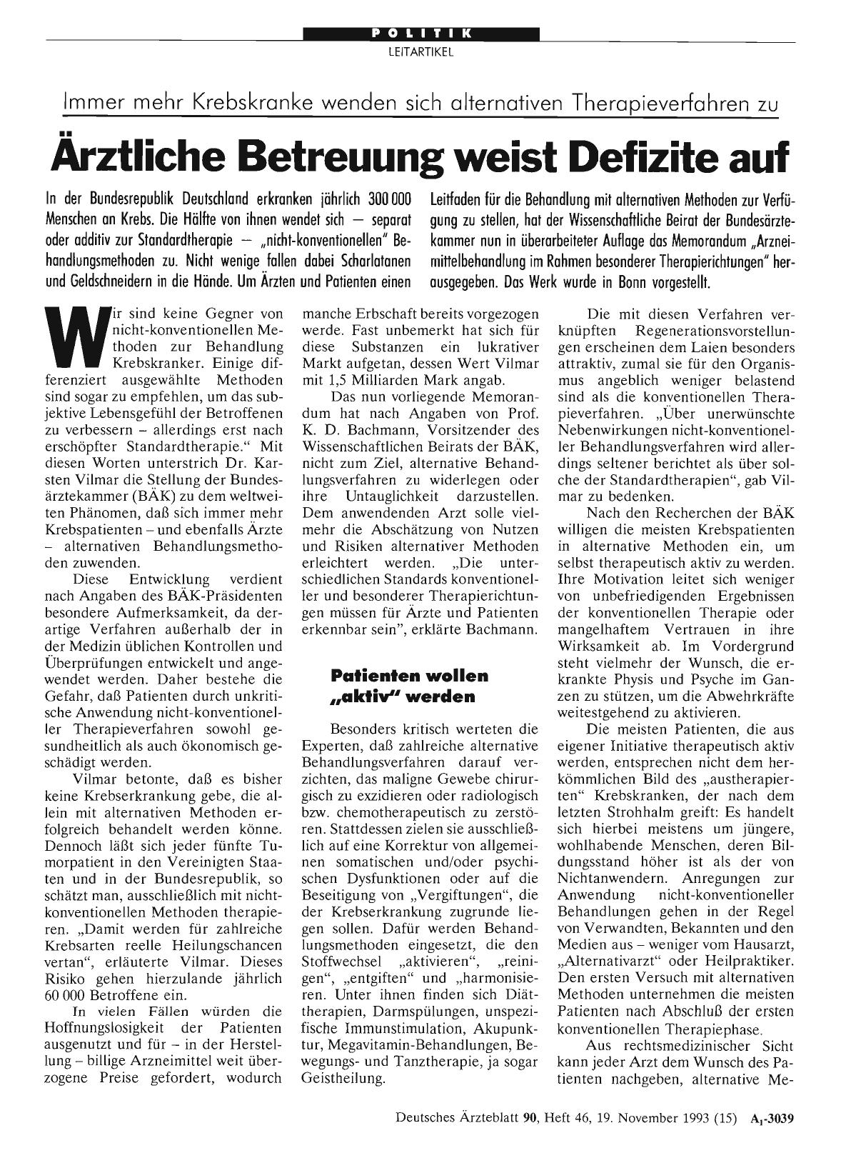 Vorschauseite 1: Immer mehr Krebskranke wenden sich alternativen Therapieverfahren zu: Ärztliche Betreuung weist Defizite auf