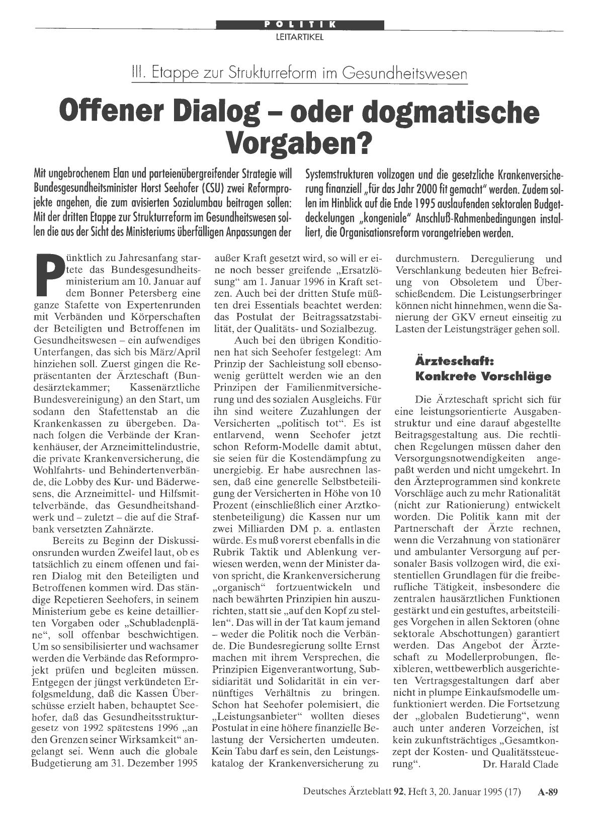 Vorschauseite 1: III. Etappe zur Strukturreform im Gesundheitswesen: Offener Dialog - oder dogmatische Vorgaben?