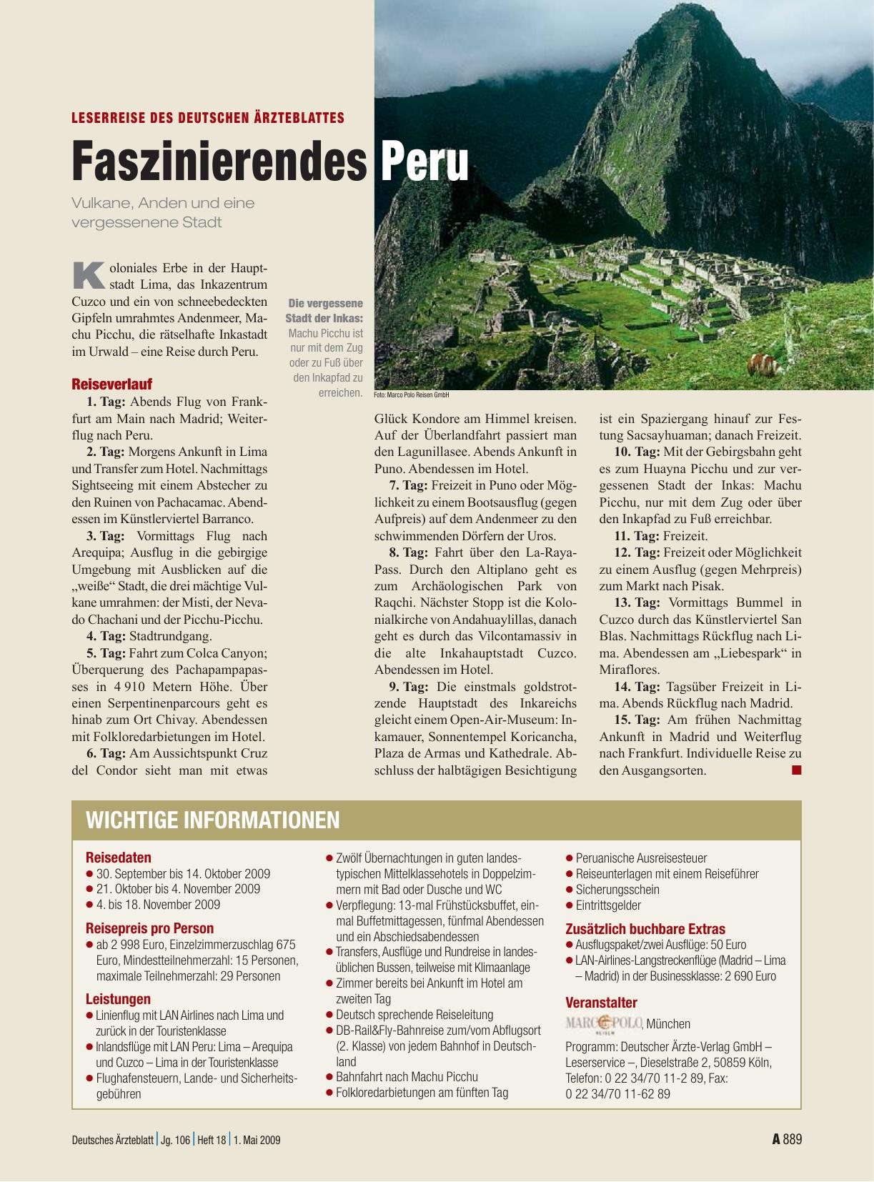 Vorschauseite 1: Leserreise des Deutschen Ärzteblattes: Faszinierendes Peru