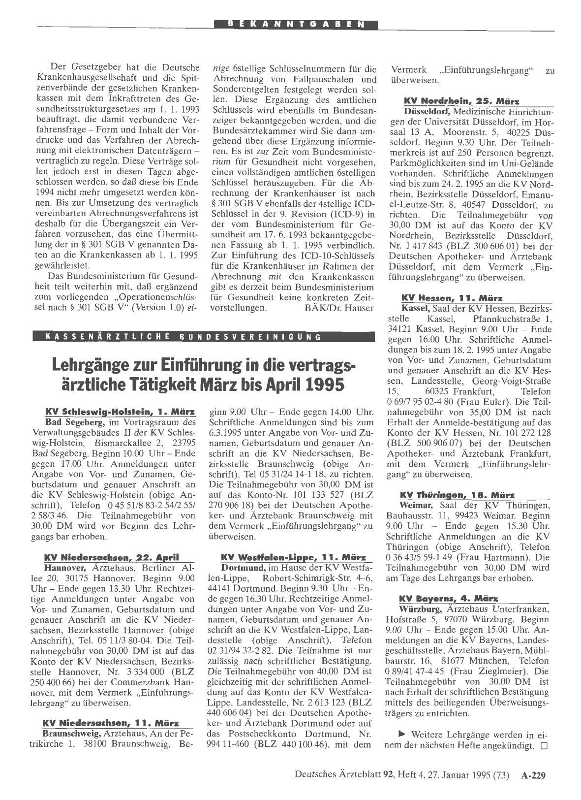 Vorschauseite 1: Lehrgänge zur Einführung in die vertragsärztliche Tätigkeit März bis April 1995