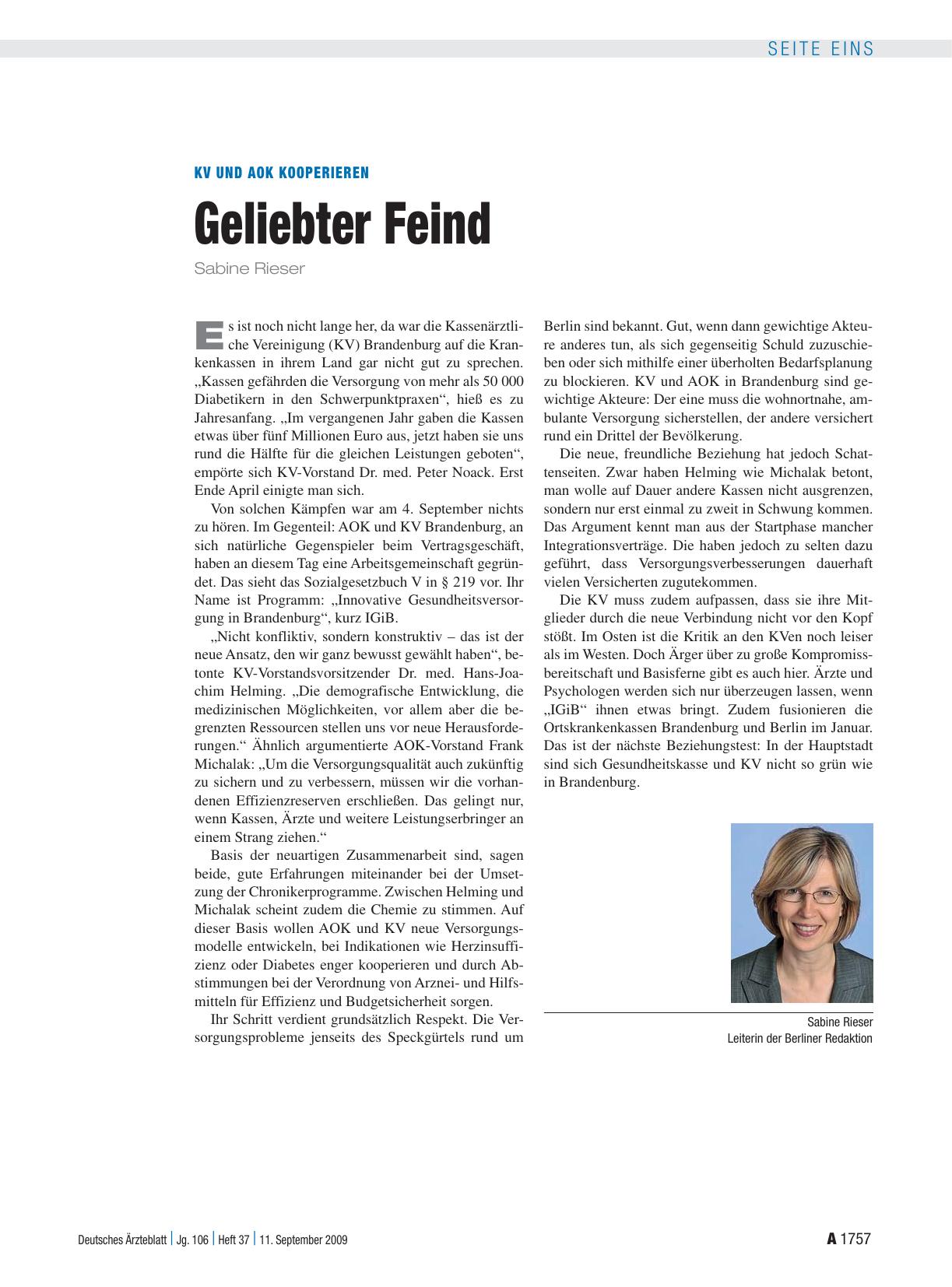 Vorschauseite 1: KV und AOK kooperieren: Geliebter Feind