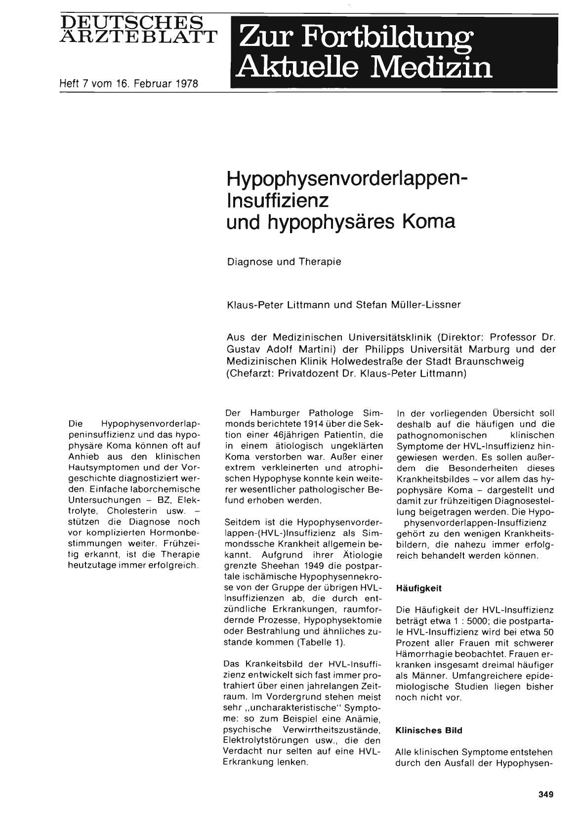 Vorschauseite 1: Hypophysenvorderlappen-Insuffizienz und hypophysäres Koma