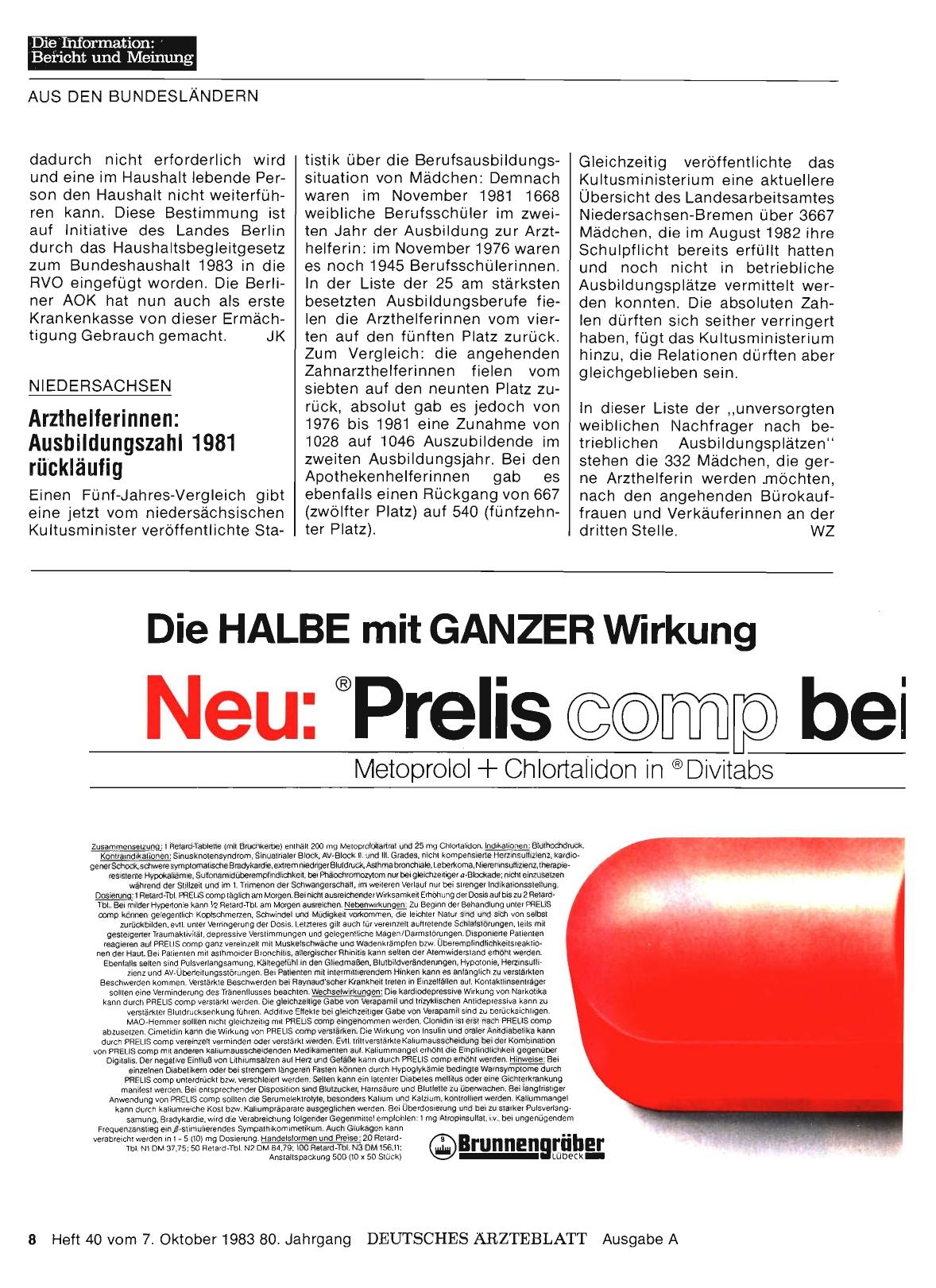 Vorschauseite 1: NIEDERSACHSEN: Arzthelferinnen: Ausbildungszahl 1981 rückläufig