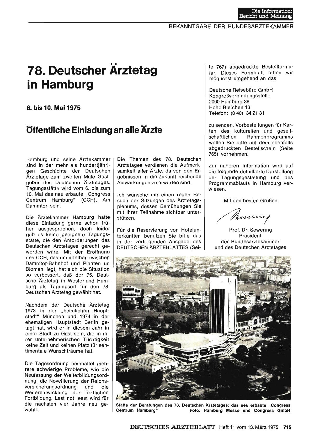 Vorschauseite 1: 78. Deutscher Ärztetag in Hamburg 6. bis 10. Mai 1975: Öffentliche Einladung an alle Ärzte