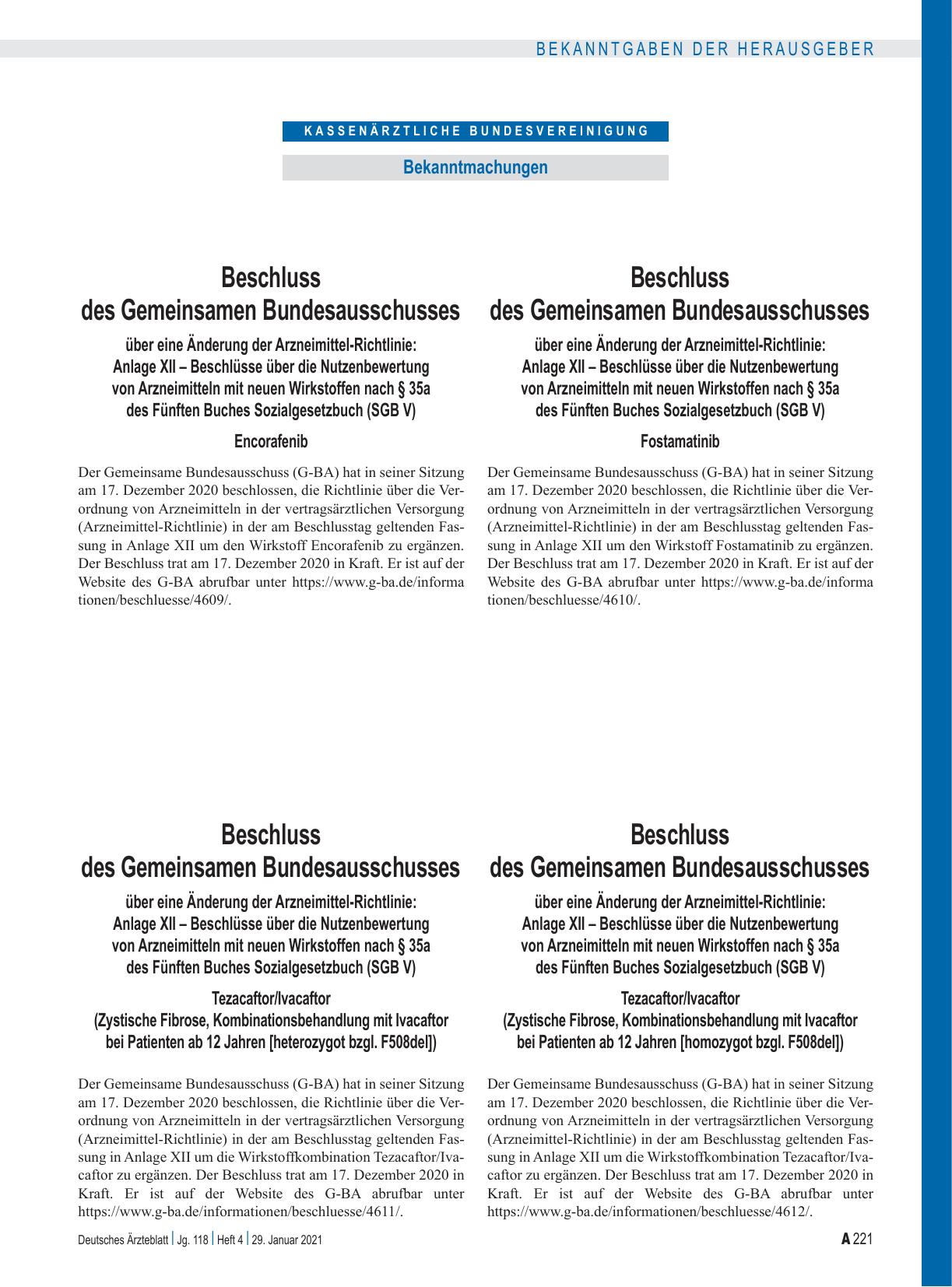 Vorschauseite 1: Beschluss des Gemeinsamen Bundesausschusses über eine Änderung der Arzneimittel-Richtlinie: Anlage XII – Tezacaftor/Ivacaftor (Zystische Fibrose, Kombinationsbehandlung mit Ivacaf…