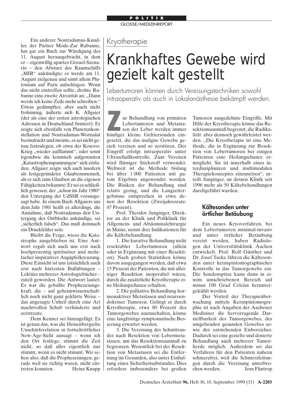 Vorschauseite 1: Kryotherapie: Krankhaftes Gewebe wird gezielt kalt gestellt