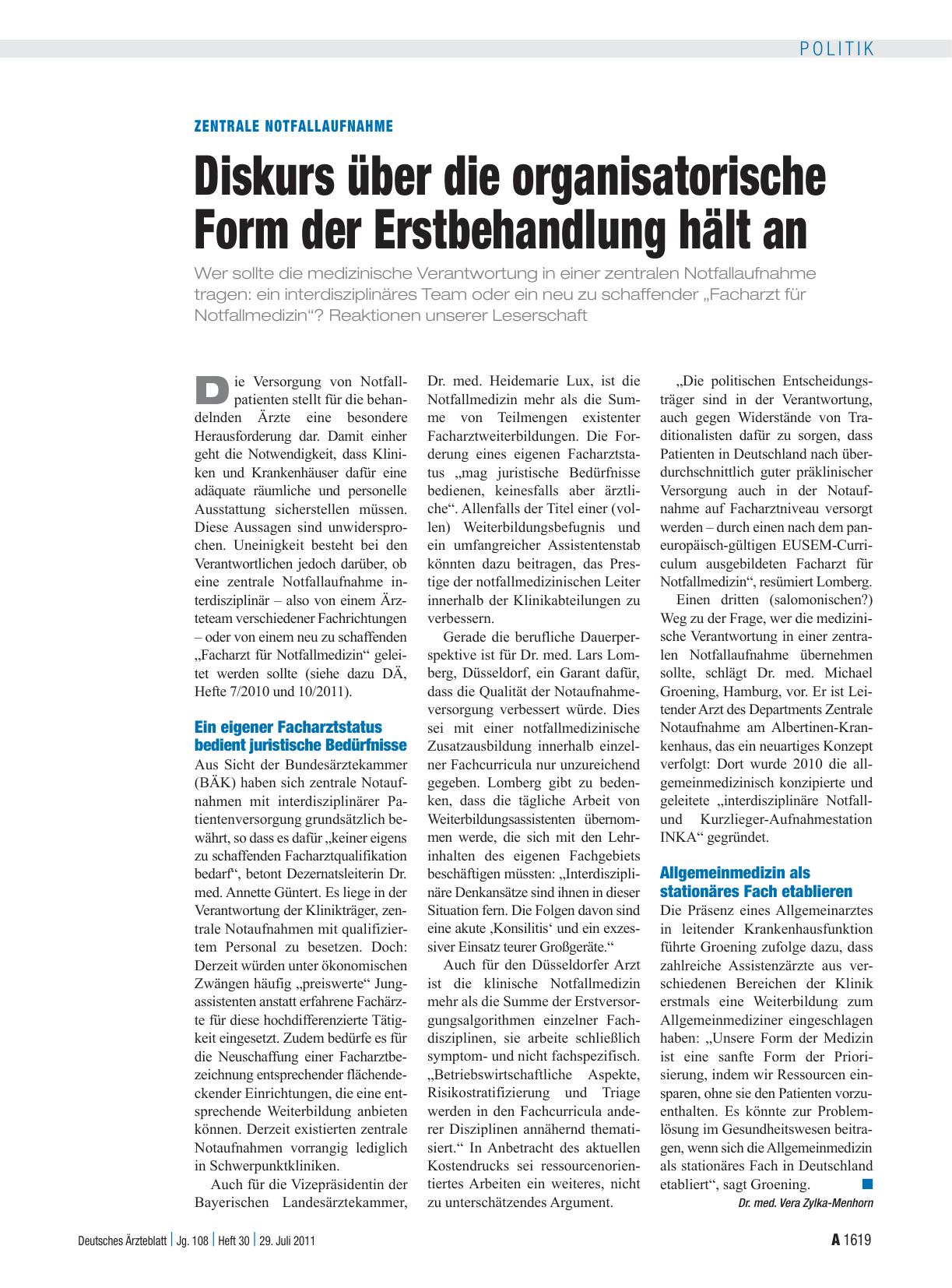 Vorschauseite 1: Zentrale Notfallaufnahme: Diskurs über die organisatorische Form der Erstbehandlung hält an