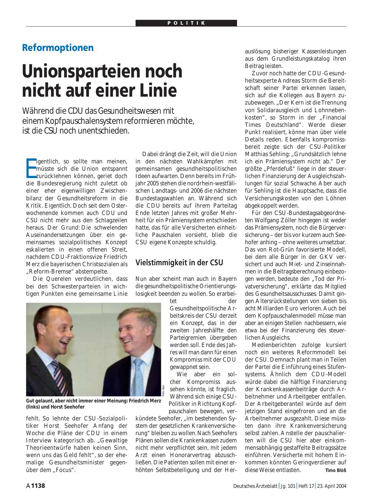 Vorschauseite 1: Reformoptionen: Unionsparteien noch nicht auf einer Linie