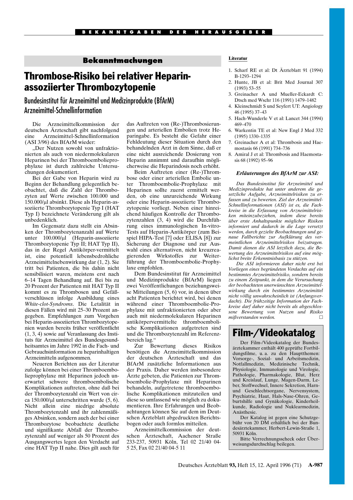Vorschauseite 1: Bekanntmachungen: Thrombose-Risiko bei relativer Heparin-assoziierter Thrombozytopenie Bundesinstitut für Arzneimittel und Medizinprodukte (BfArM) Arzneimittel-Schnellinformation