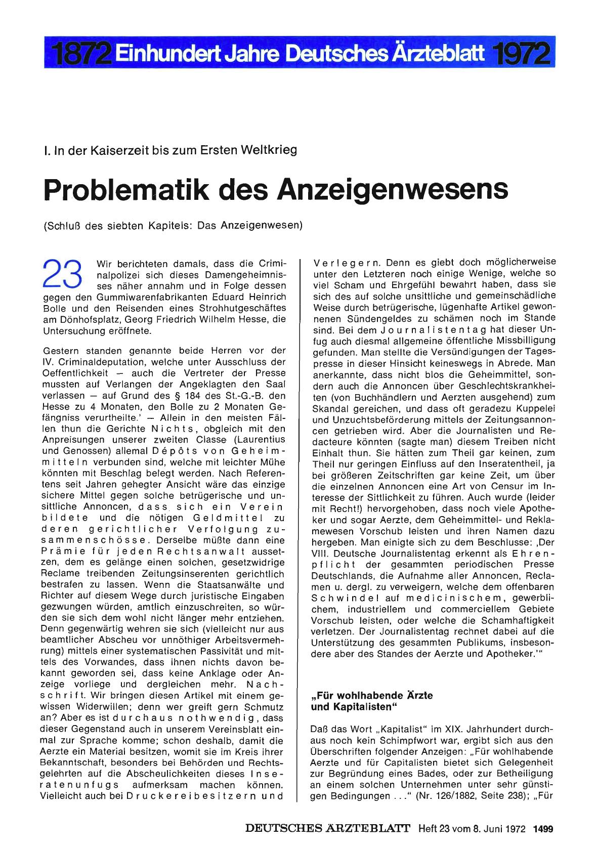 Vorschauseite 1: I. In der Kaiserzeit bis zum Ersten Weltkrieg Problematik des Anzeigenwesens