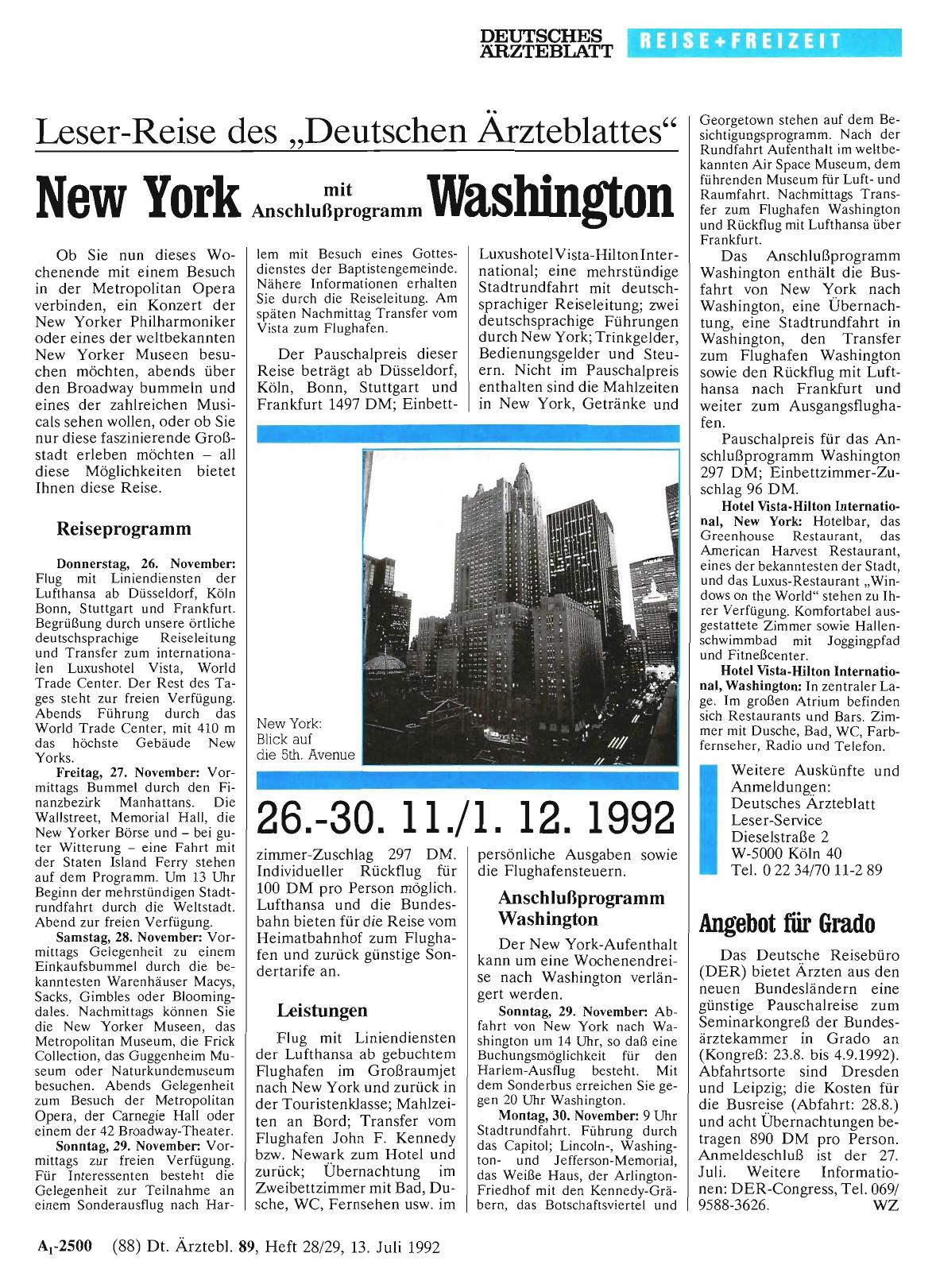 Vorschauseite 1: Leser-Reise des „Deutschen Ärzteblattes: „New York mit Anschlußprogramm Washington
