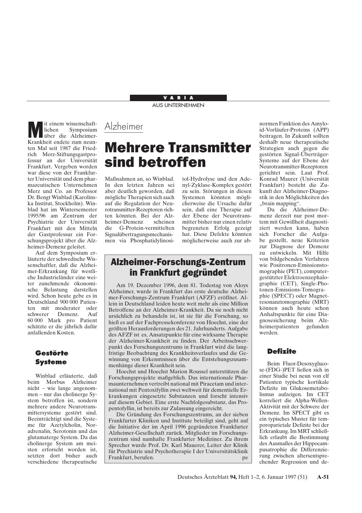 Vorschauseite 1: Alzheimer: Mehrere Transmitter sind betroffen
