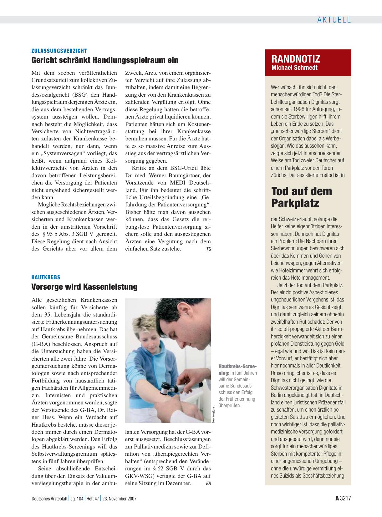 Vorschauseite 1: Hautkrebs: Vorsorge wird Kassenleistung