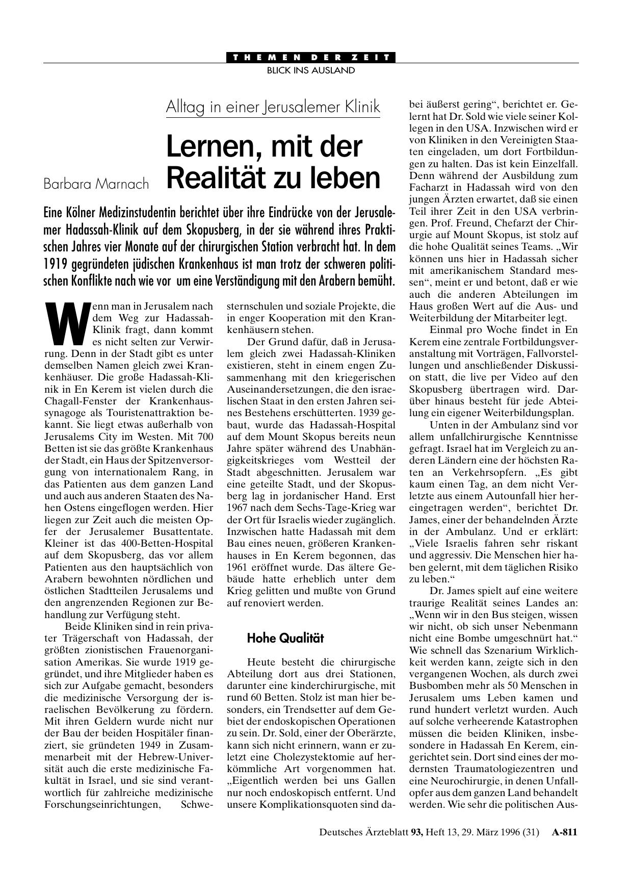 Vorschauseite 1: Alltag in einer Jerusalemer Klinik: Lernen, mit der Realität zu leben