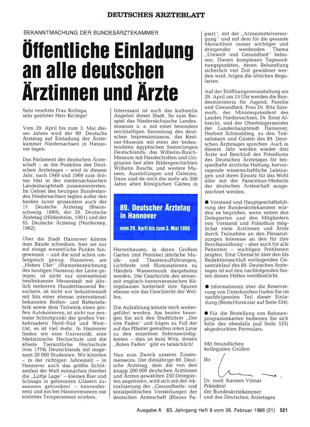 Vorschauseite 1: 89. Deutscher Ärztetag in Hannover: Öffentliche Einladung an alle deutschen Ärztinnen und Ärzte