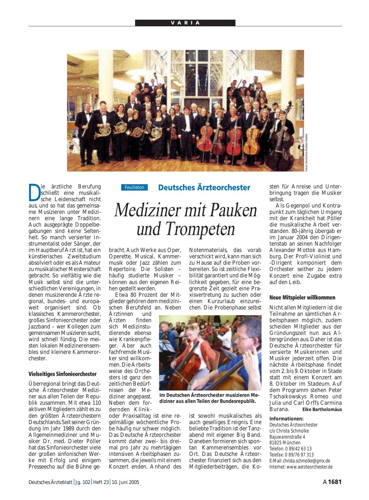 Vorschauseite 1: Deutsches Ärzteorchester: Mediziner mit Pauken und Trompeten
