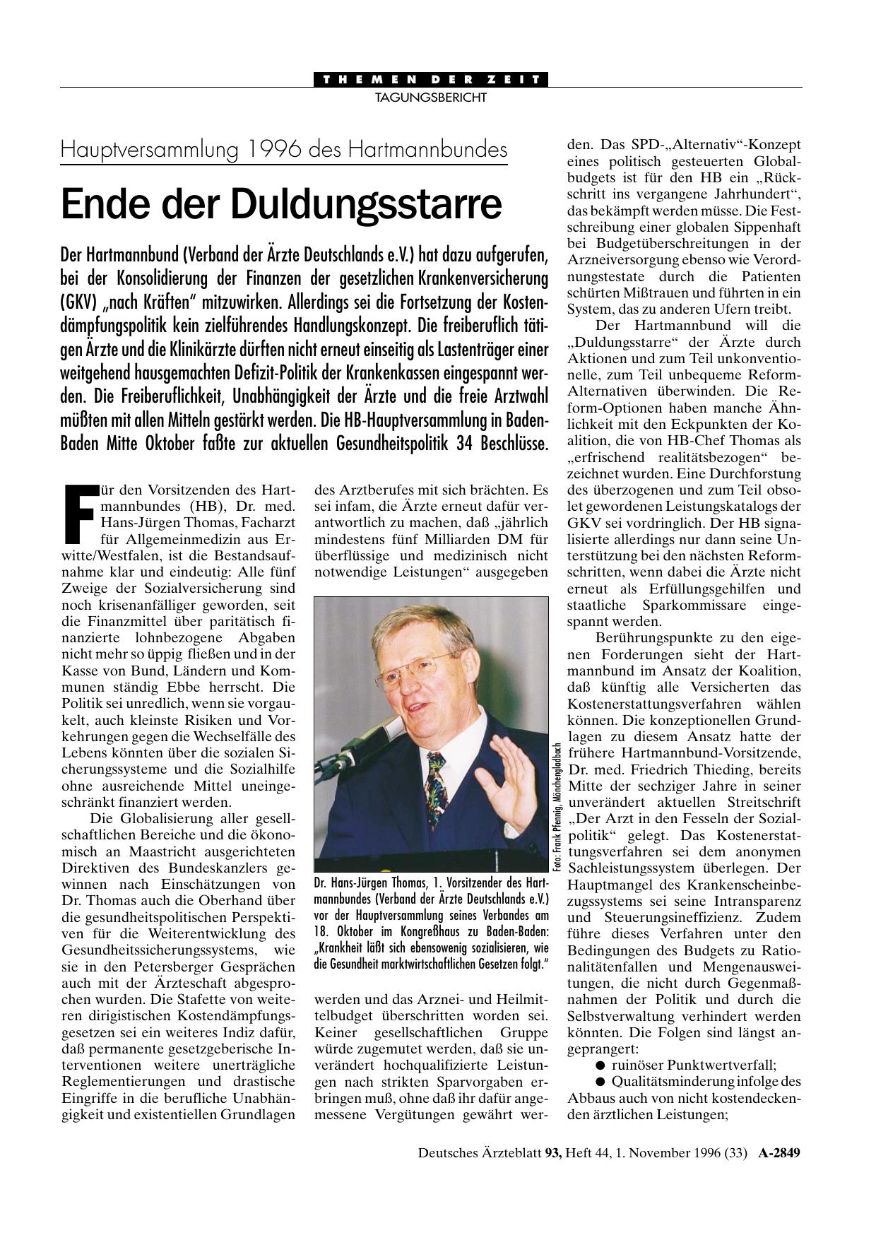 Vorschauseite 1: Hauptversammlung 1996 des Hartmannbundes: Ende der Duldungsstarre